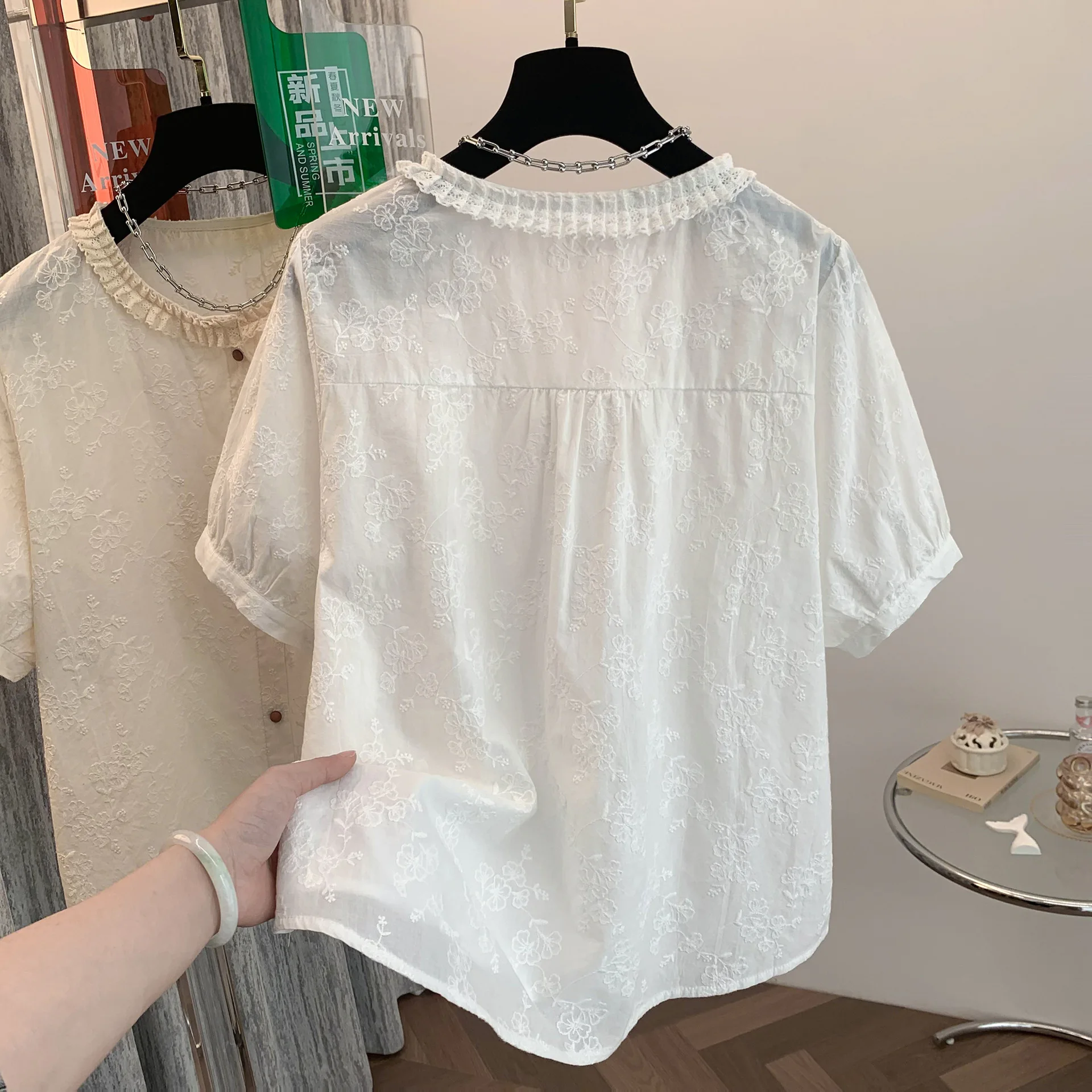 ใหม่2025ฤดูร้อนผ้าฝ้ายแขนสั้นเสื้อผู้หญิงRuffledเย็บปักถักร้อย, MoriสาวRetro Retroเสื้อหลวมๆสบายๆT55650CC