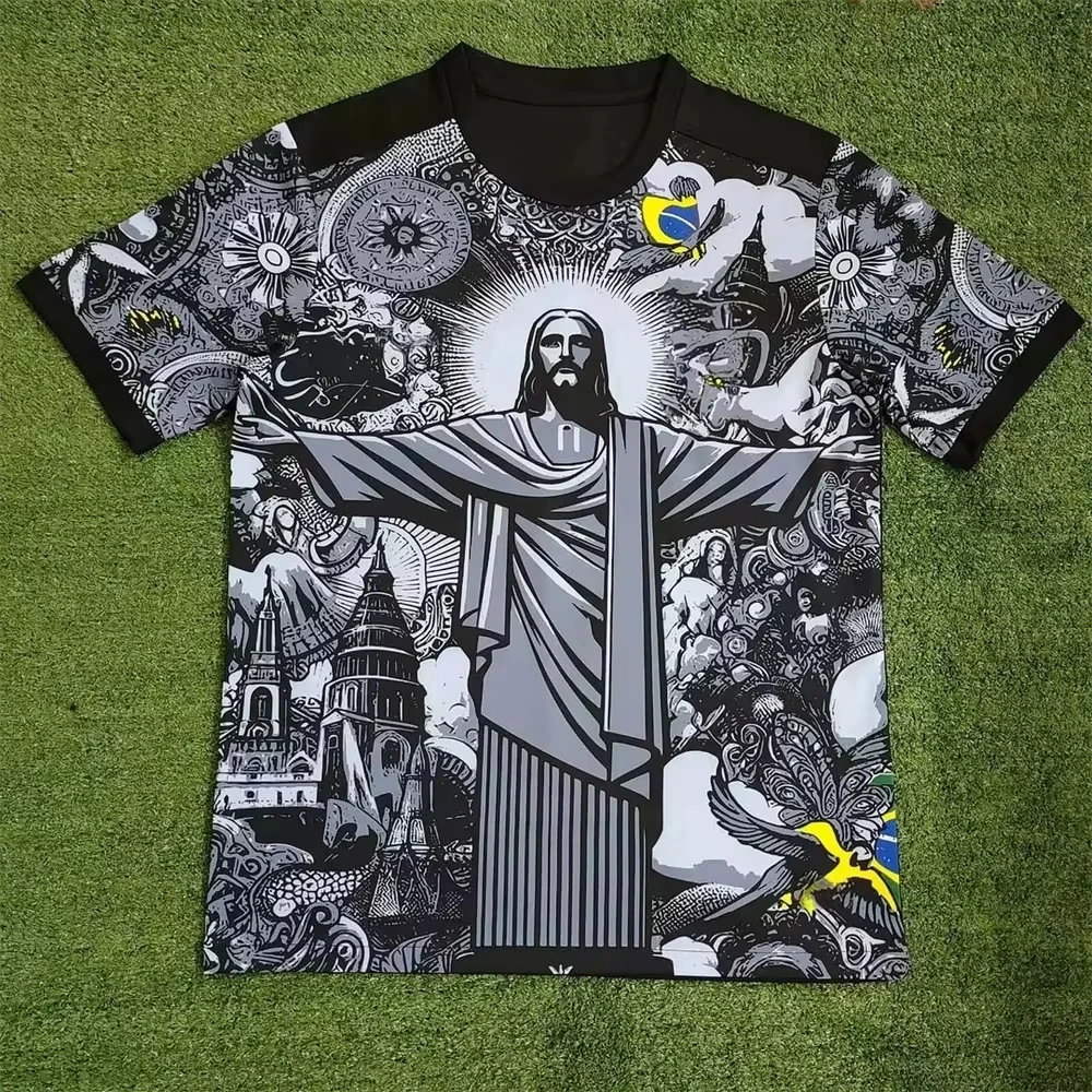 2025 Brasil Edición Especial Jesús Negro Gris Camiseta de fútbol para adultos/niños Camiseta de entrenamiento de fútbol de verano Ropa deportiva de calle