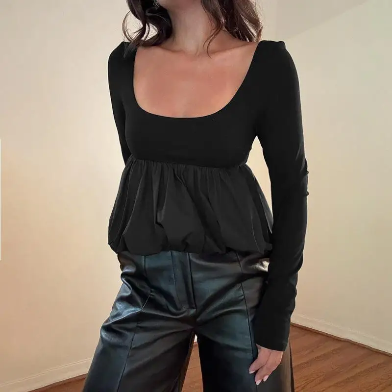 

Chic Casual Slim Fit Long Sve U-Ne Bloom T-irt Pure Color Polyester Spandex Women's Autumn Faion Top