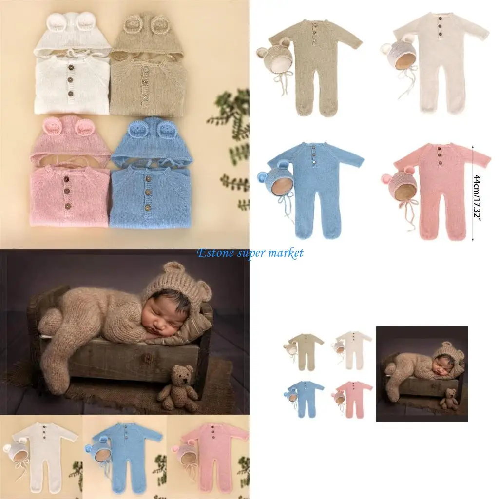 

090B Infant Photography Props Lovely Bear Costume Beanie Hat Romper Photo Posing Wear Baby Outfit Newborn Shower Gift 2PCS