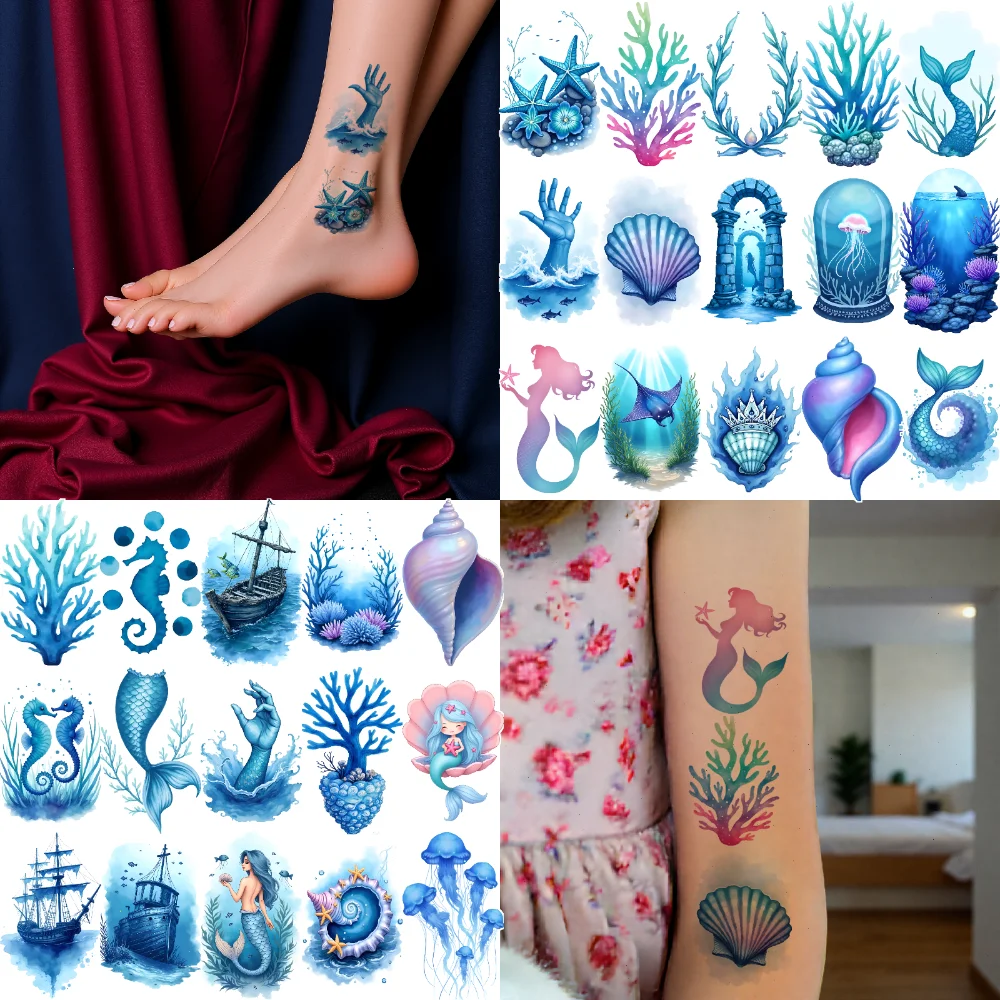 63pcs 임시 문신 불가사리 방수 오래 지속되는 바디 스티커 성인 팔을위한 등대 선박 수채화 해마
