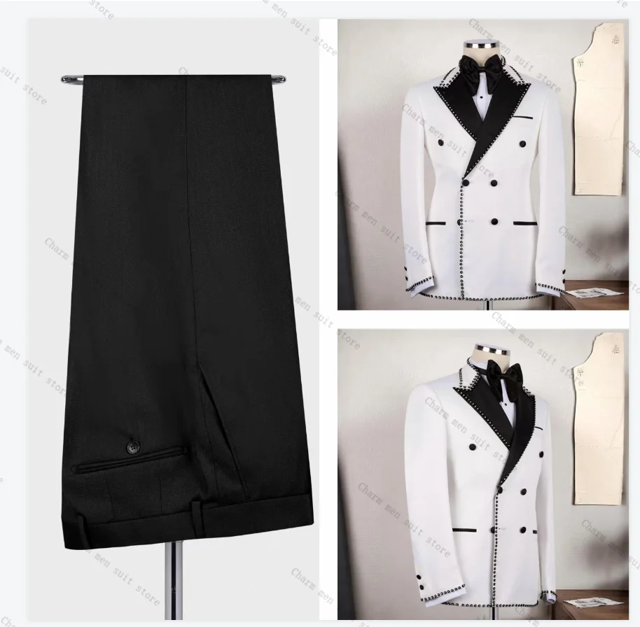 Whit Men Suits Set 2 Pcs Blazer+Black Pants Trousers Guest Wedding Tuxedos Beaded Stone Crystals Formal Office Groom Jacket Coat