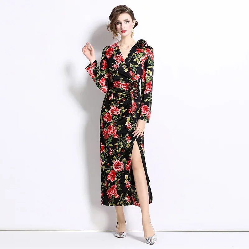 2024 French Three-dimensional Flower Dress Women's Autumn Long Slit Slim Retro Print Skirt