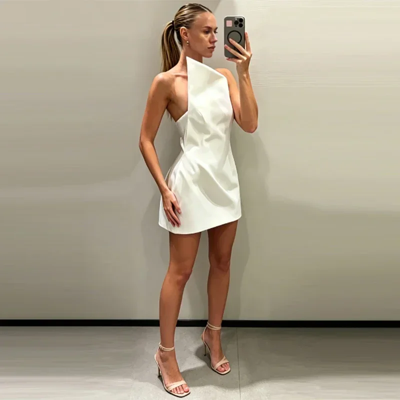 HXAO Asymmetrisches Weißes Kleid mit Off-Schulter-Ausschnitt, Elegantes Mini-Partykleid, Sommerliches Bodycon-Kleid mit Rückenfreiem Design für Hochzeitsgäste – Detail 7