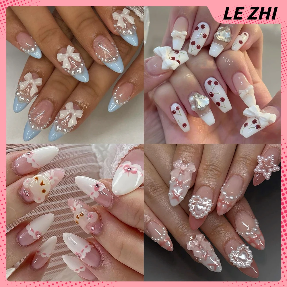 

10Pcs Cartoon Cute Rilakkuma Long Almond Handmade French Press On Nails Pearl Bowknot Flowers Polka Point Removable False Nails