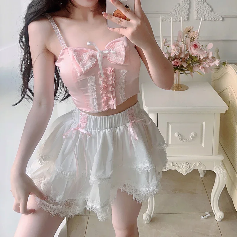 

Cute Mini Skirts for Sweet Girls Summer Lace Trim Bow Decoration Elastic Waist Lolita Style Shorts Skirt Kawaii Clothes