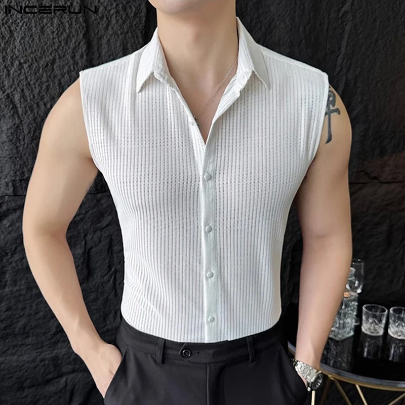 

Casual Stylish Style Tops INCERUN Men's Thin Hollow Solid Striped Shirts Summer Male Clubwear All-match Sleeveless Blouse S-5XL