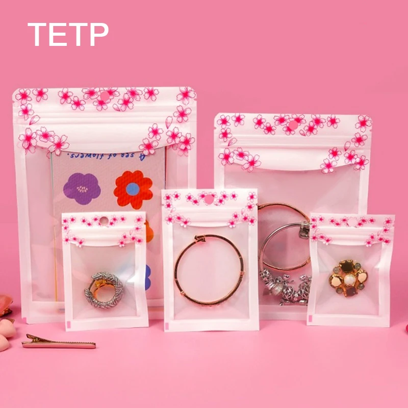 

TETP 100Pcs Jewelry Ziplock Bags With Blossom Print Home Travel Necklace Earring Bracelet Storage Packaging Gift Decoration