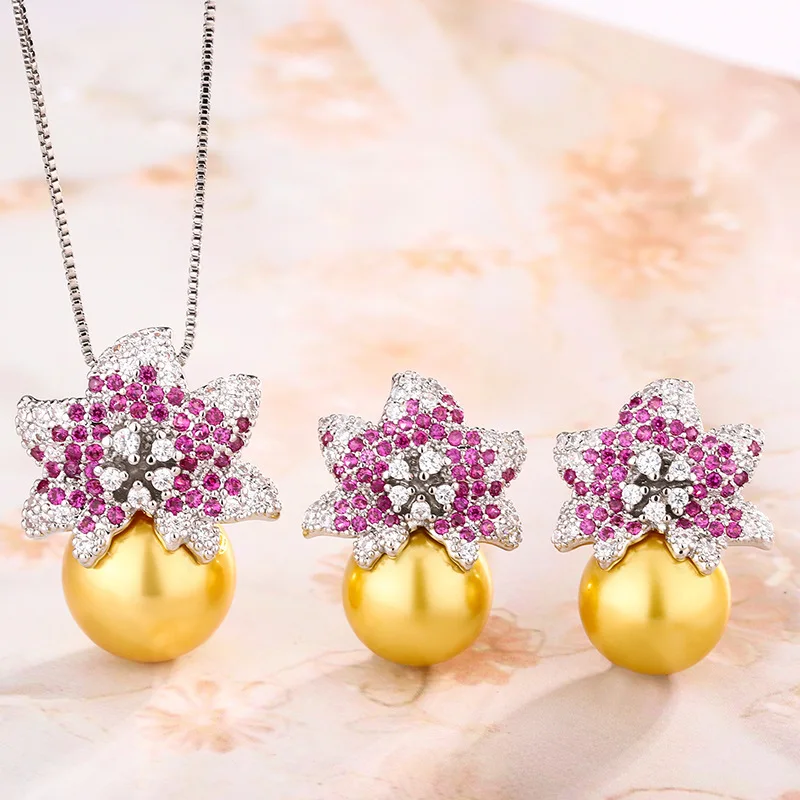 

Natural Pearl Women's Set Silver Needle Champagne Color Inlaid Diamond Flower Earrings Necklace Versatile Women's Style