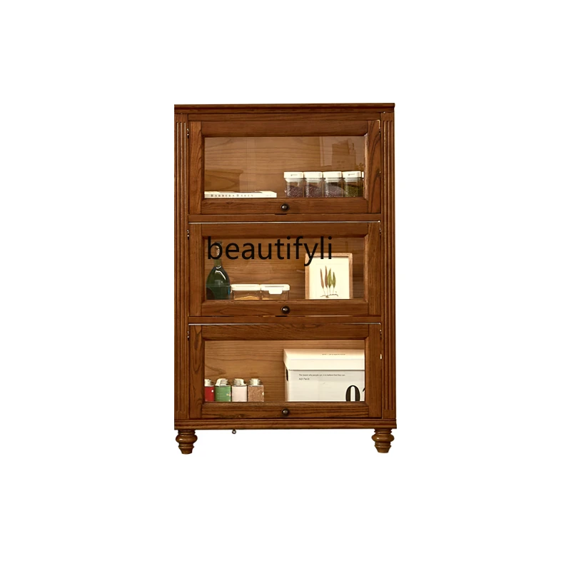 

American-Style Solid Wood Combined Bookcase Lockers with Glass Door Simple Bookcase Shelf Dustproof Home Display Cabinet