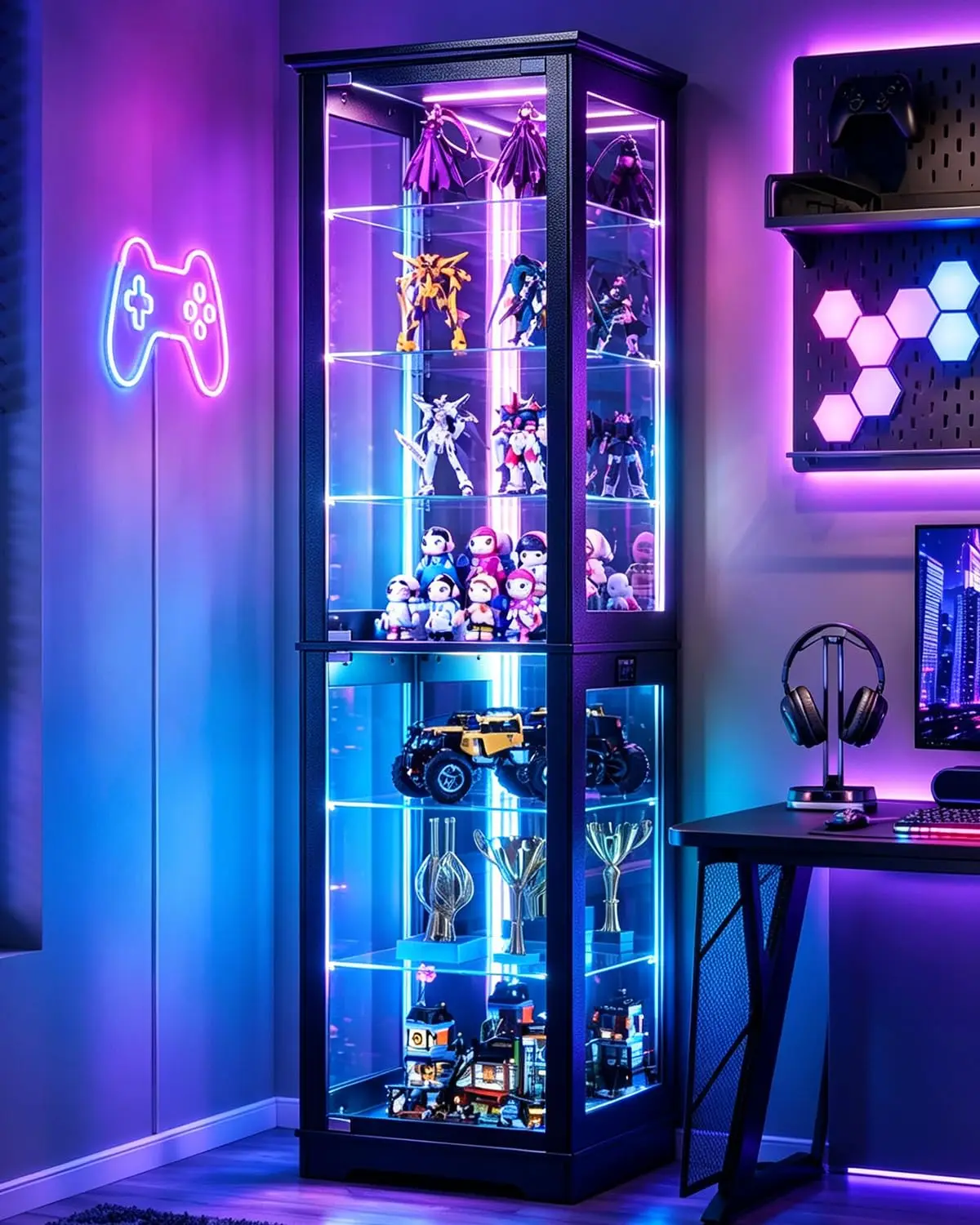 7-Tier Glass Display Cabinet with RGB Lights & Motion Sensor