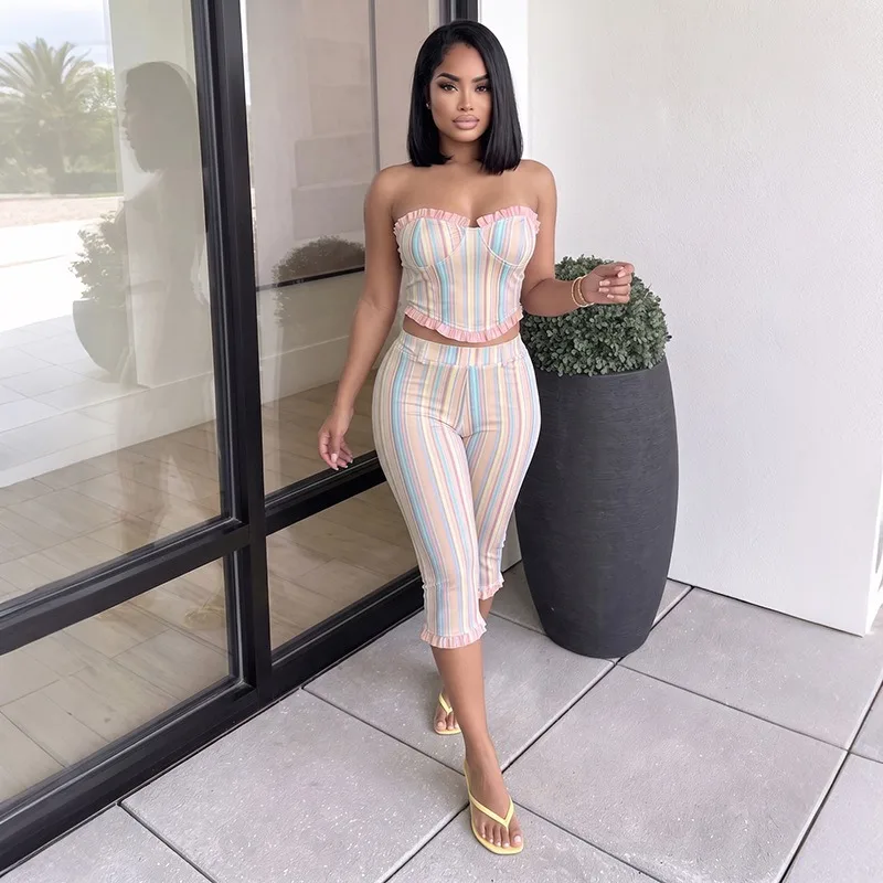 KEXU Sweet Sexy 2 Piece Outfit Women Sleeveless Wrap Chest Backless High Waist Long Pants Summer Matching Set