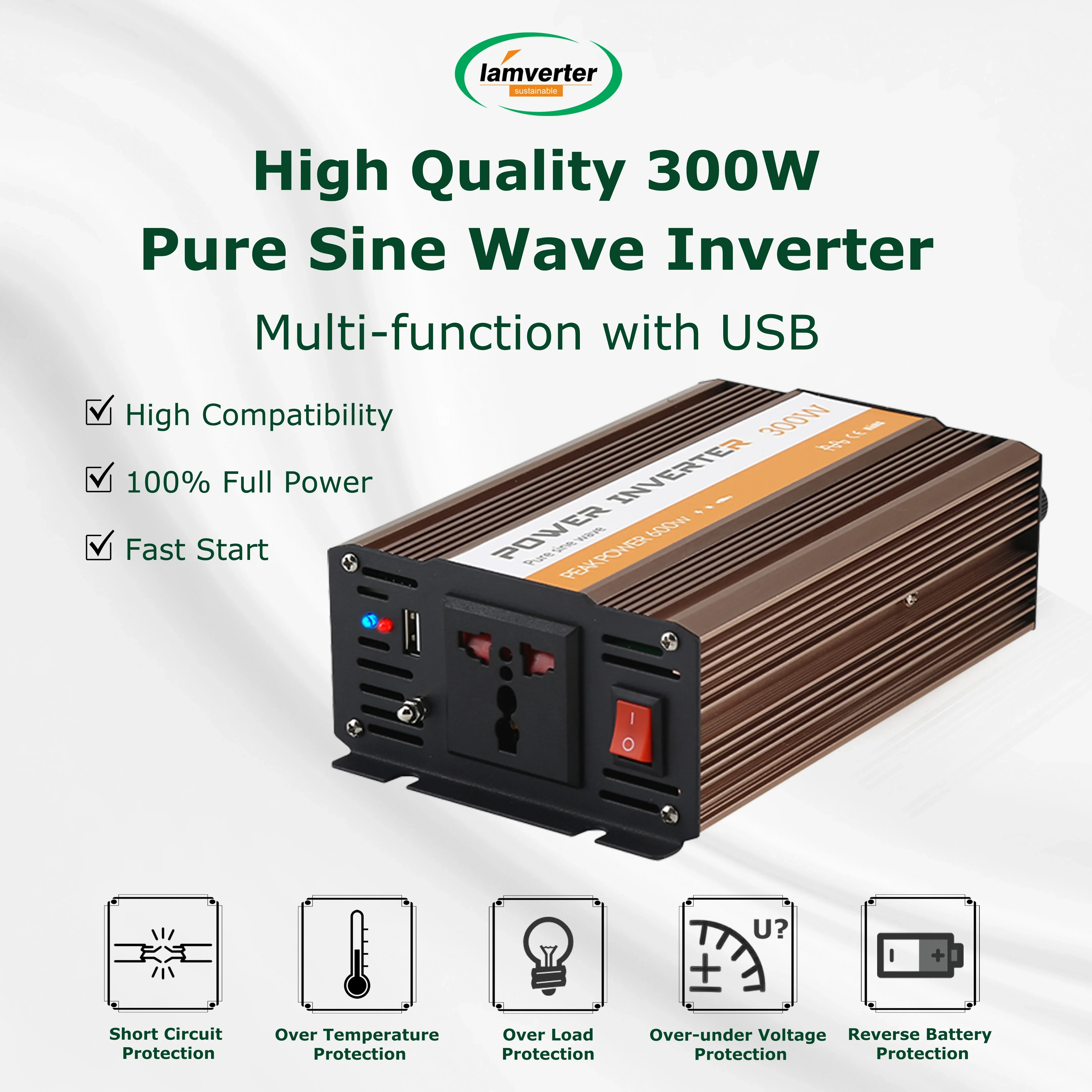 Hot sale 300W 360W 12V 24V 48V 220V power inverter with USB with clips and wires For Car