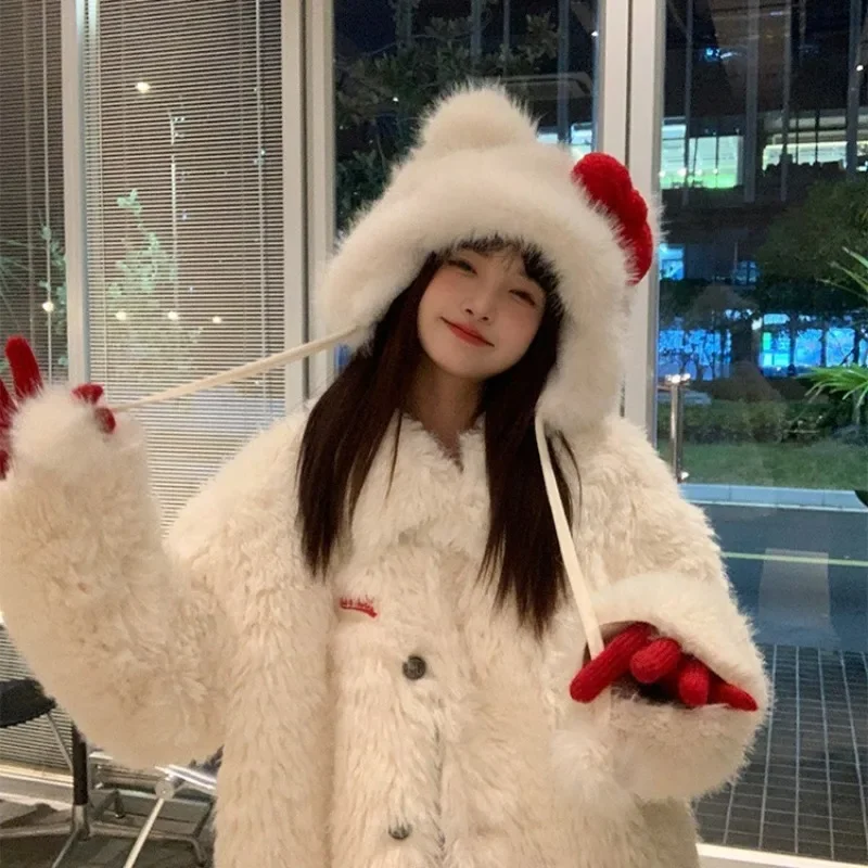 الكورية الخريف الشتاء لطيف القط الأبيض الأحمر القوس أفخم قبعة الفتيات موضة القبعات الدافئة المضادة للتجميد قبعات الأذن في الهواء الطلق للنساء هدايا #5