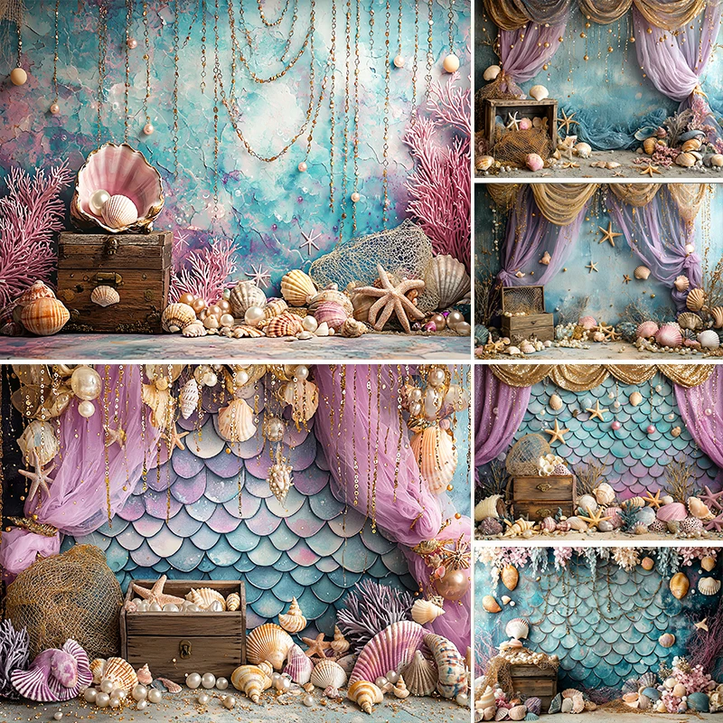 LS Photography Background Mermaid Balloons Shells Girl Birthday Party Cake Smash Portrait Decor Backdrop Photo Studio