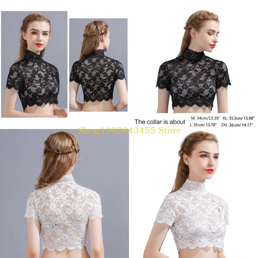 49MC Women Autumn Spring Turtleneck Detachable Collar Elegant Floral Lace Short Sleeve Half Blouse Shirt Pullover Lining Dickey