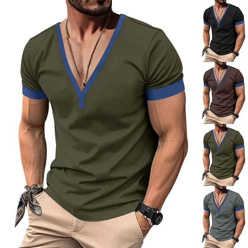 Spring And Summer Short-sleeved Henry Shirt Casual Men's V-neck T-shirt Top Casual Slim-fit T-shirt