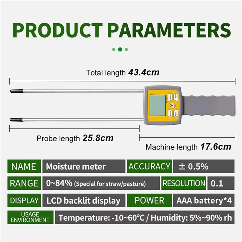 

A26F-MT300H Hay Moisture Meter LCD Digital Display For Straw Pasture Wheat Digital Moisture Analyzer Humidity Detector Tester
