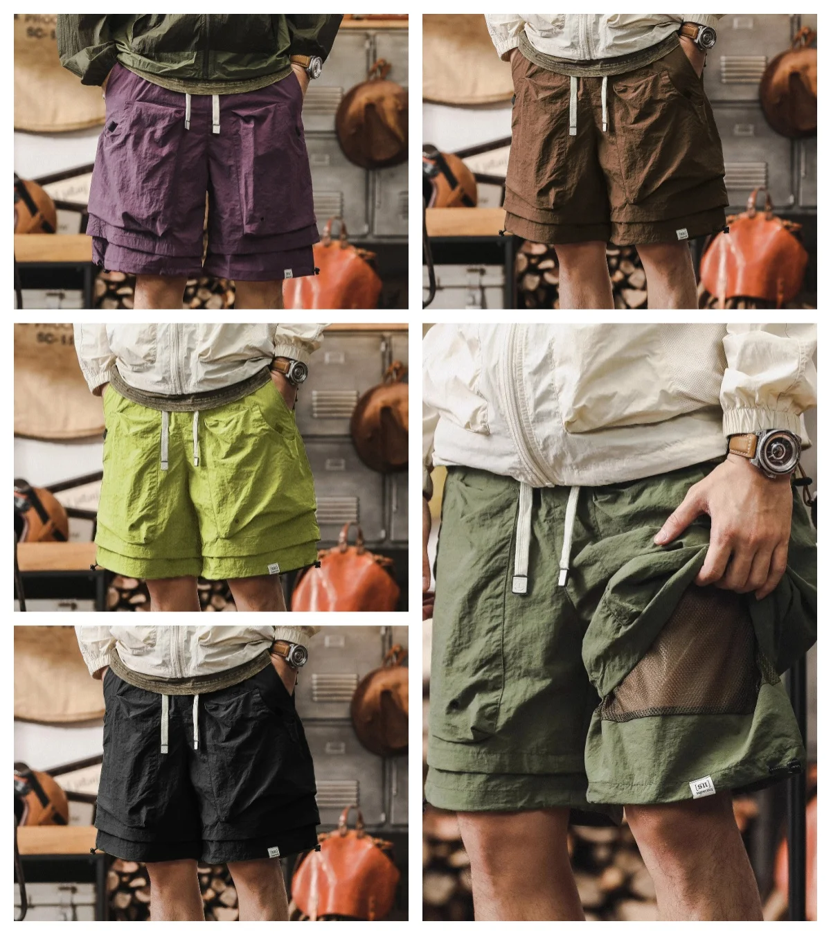 Men's Outdoor Functional Waterproof Quick-Dry Work Shorts Summer Cool-Feeling Fake Two-Piece Casual Knee-Length Pants