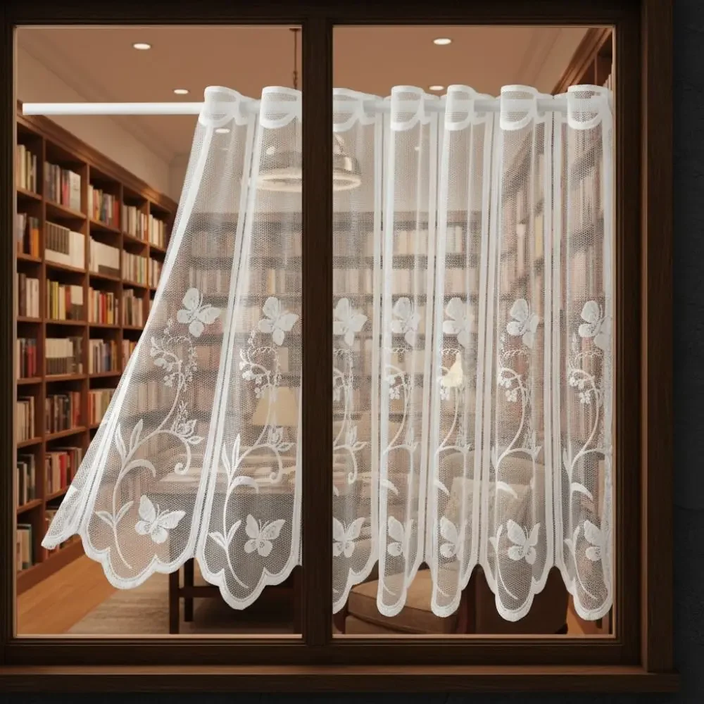 Floral Embroidery White Lace Short Window Sheer Through-shaft Type Translucent Partition Short Valance Decorative Breathable