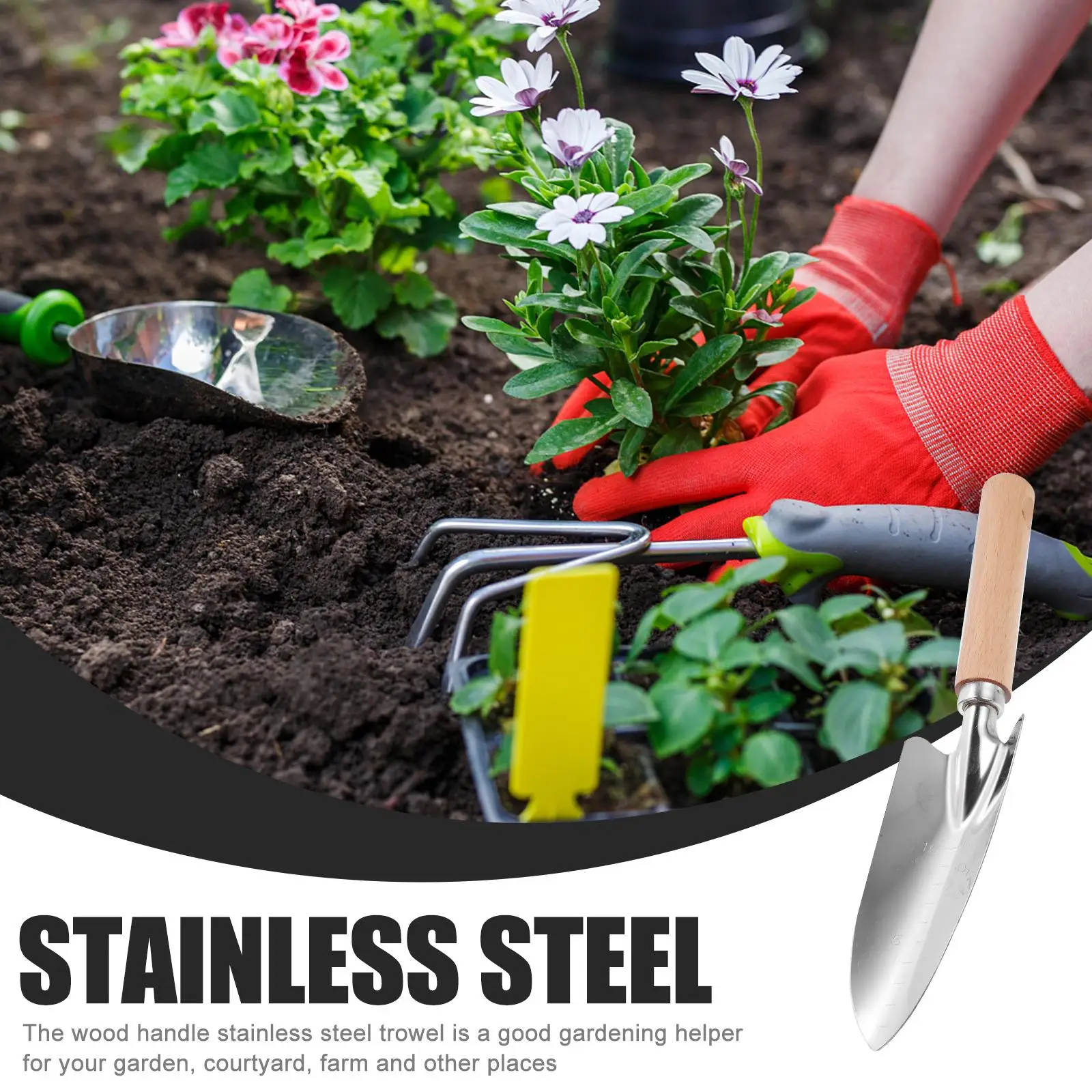 나무 손잡이가있는 2Pcs 스테인레스 스틸 정원 삽 잡초 제거를위한 경량 손 삽 야외 도구 세트