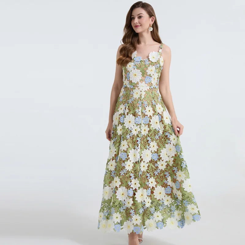 

2026 Fashion Vacation Party Maxi Dresses Women's Sexy Sling Dresses Embroidery Lace Hollow Spliced Slim Camisole A-line Dresses