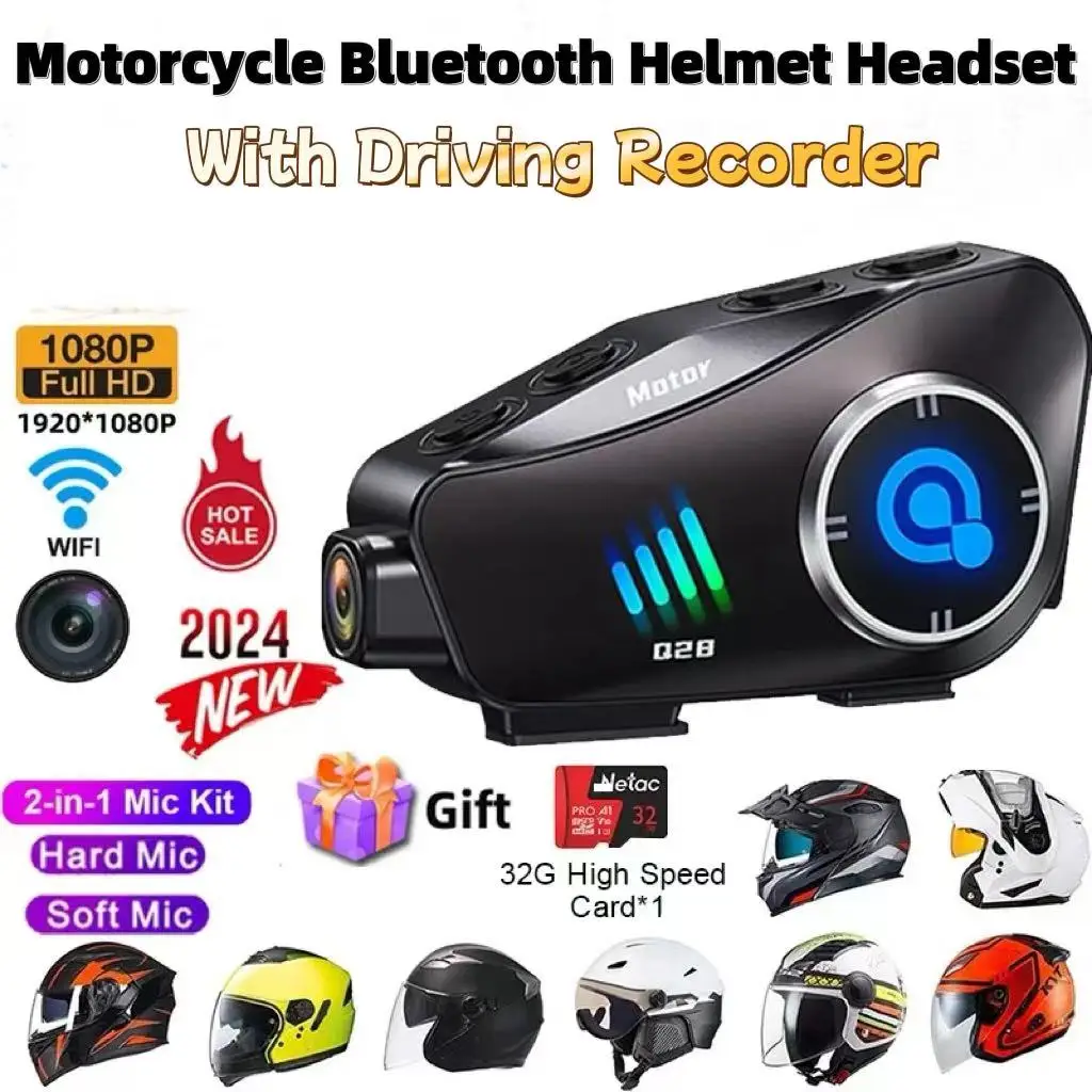 2024 New Motorcycle Bluetooth Helmet Headphones 1080p HD Wide Angle Lens Driving Recorder Automatic Answering Calls Headphones