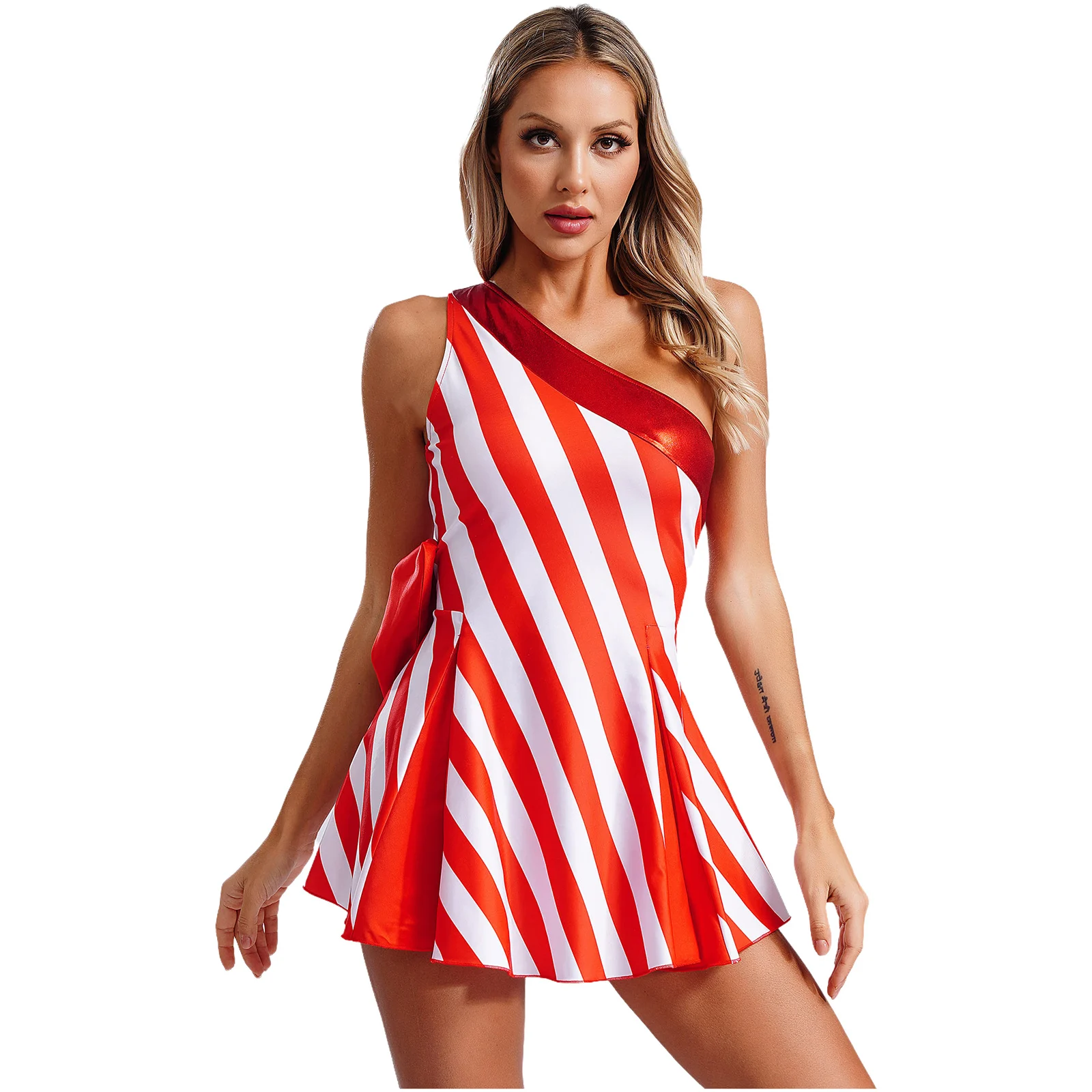 

Women Christmas Festival Candy Stripes Dress Costume Single Shoulder Sleeveless A-line Dress Bow Knot Dress Holiday Party Dress