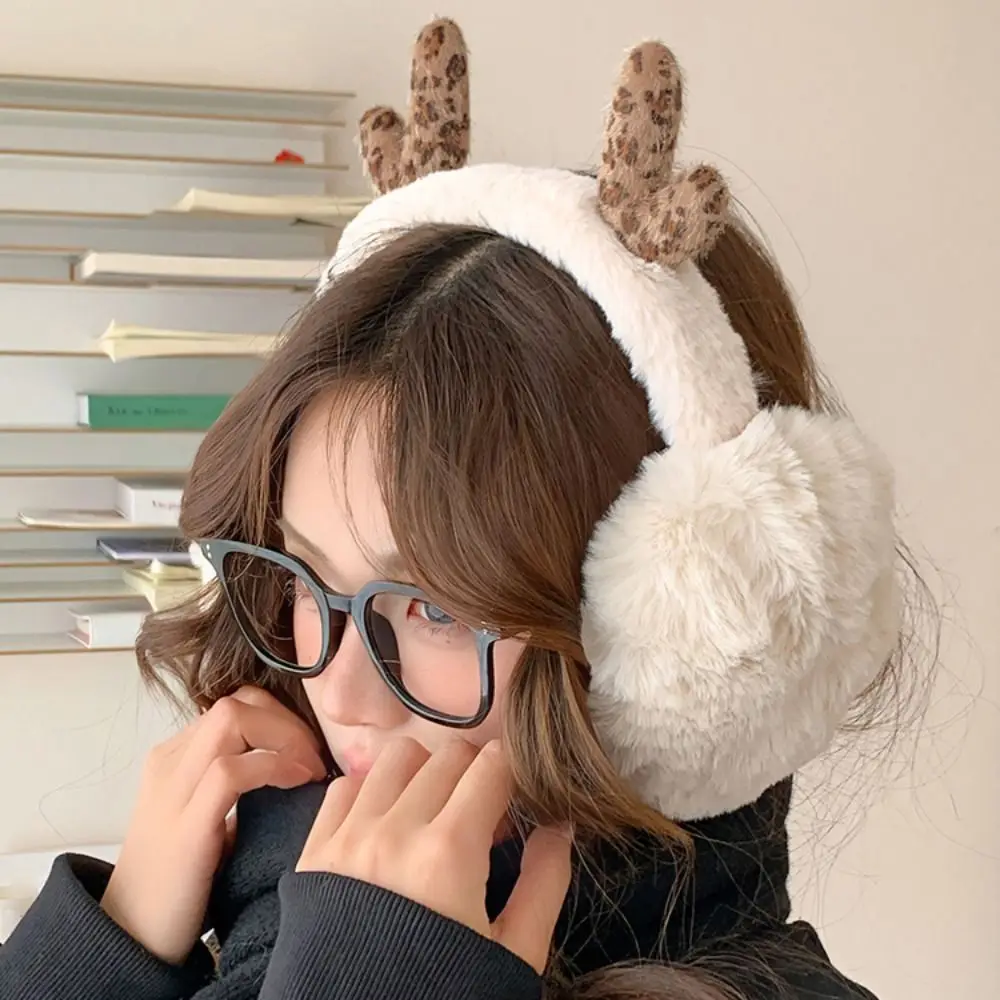 Fashion Ear Cap Plush Earmuffs Deer Antler Thicken Winter Earmuffs Windproof Leopard Print Imitation Fur Ear Cover Riding