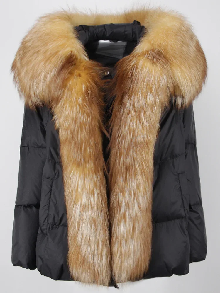 المرأة الجديدة الشتاء معطف فرو الثعلب الحقيقي الياقة الطبيعية سميكة الدافئة مقنعين بطة أسفل سترة فاخرة أبلى الإناث فضفاضة