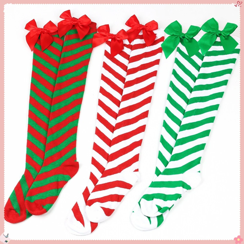 جوارب عيد الميلاد: جوارب مخططة قطرية معلمة على شكل فيونكة، جوارب بلون الحلوى، جوارب نسائية عالية الفخذ #6