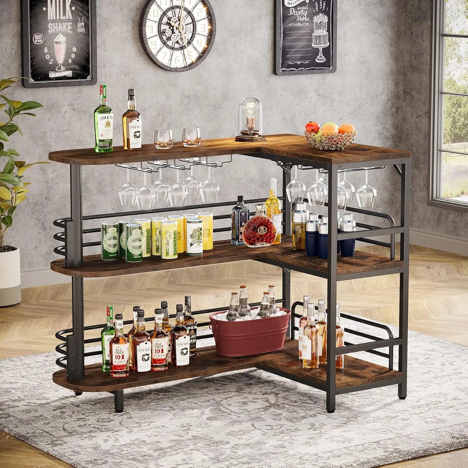 Tribesigns L-Shaped Home Bar Unit, 3 Tier Liquor Bar Table with Storage Shelves and Wine Glasses Holder, Industrial Corner Wine