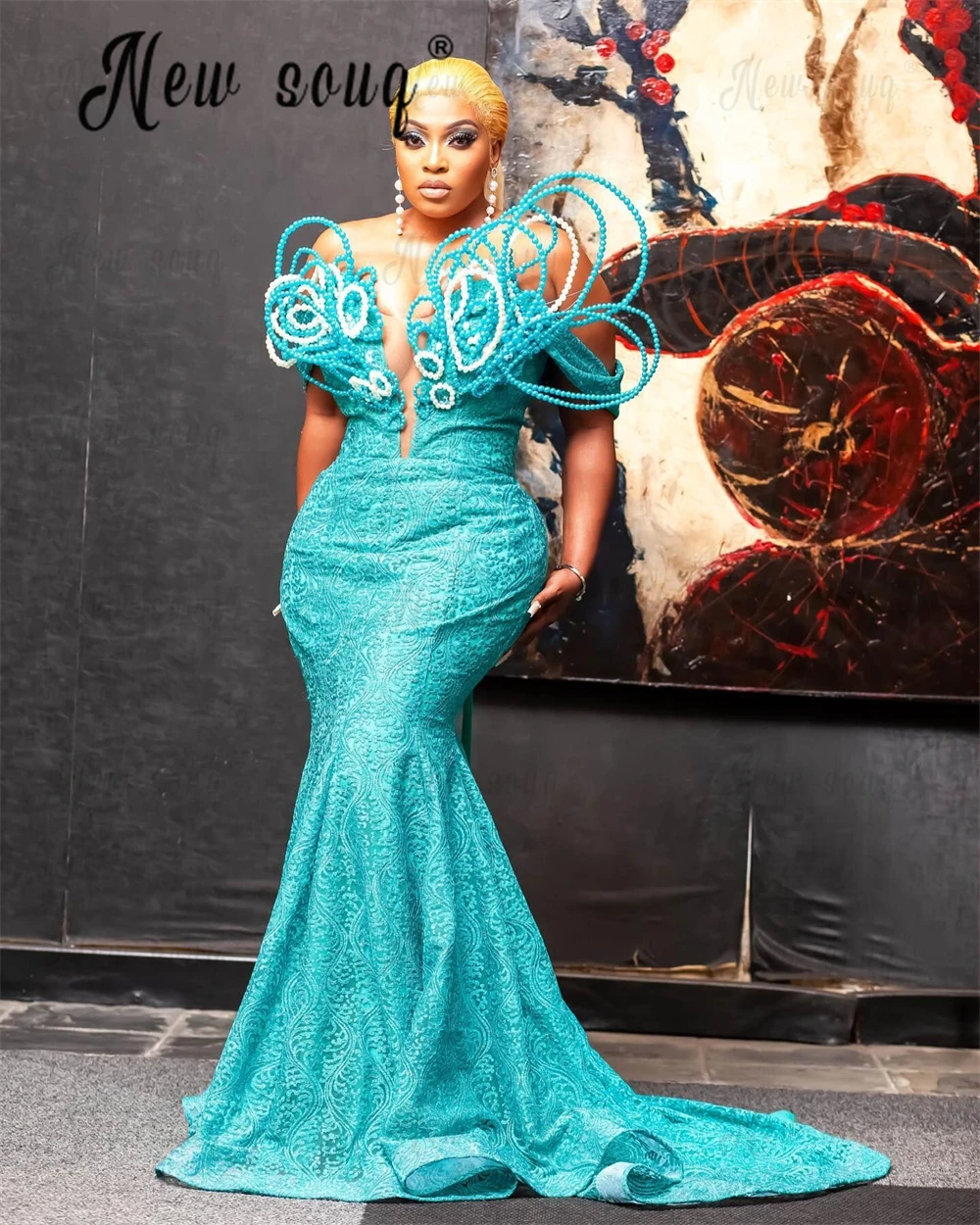 

Turquoise Long Mermaid Bride Party Dress African Women Wedding Engagement Prom Dress Customized Birthday Dinner Gowns Black Girl