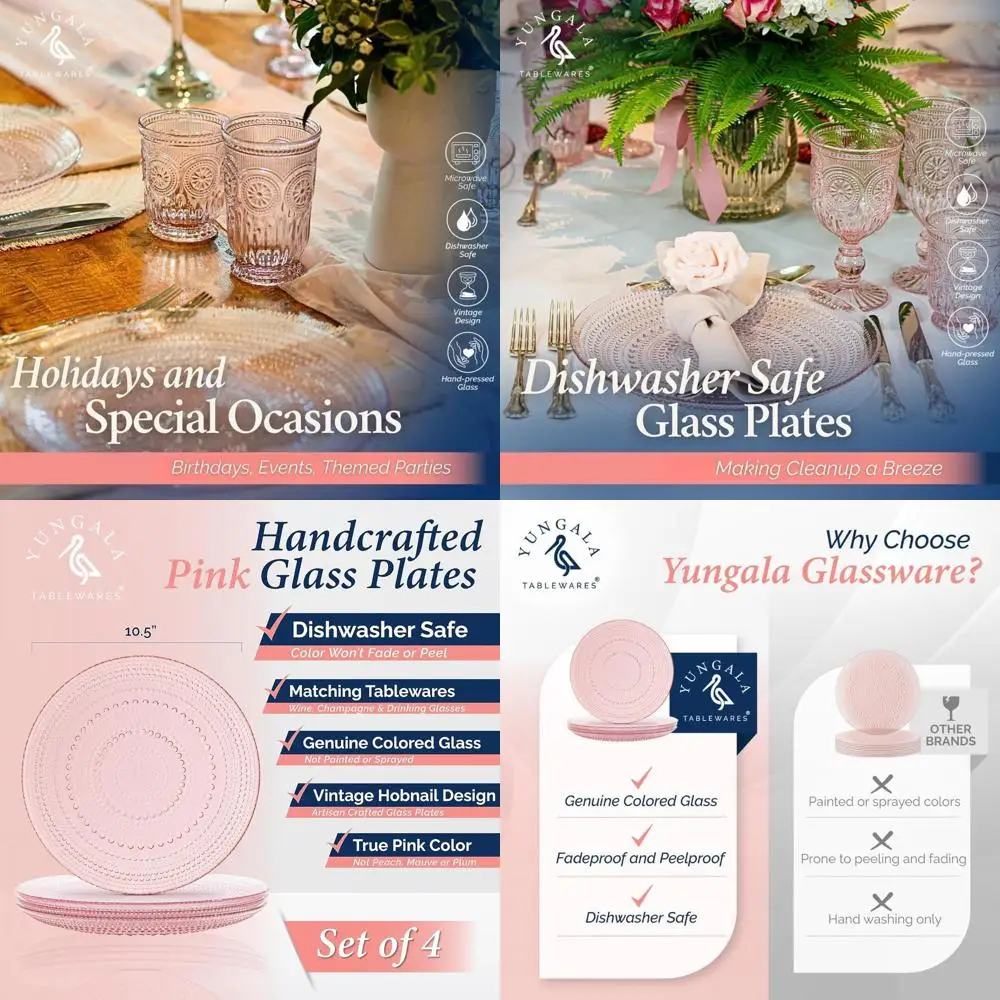 

Set of 4 Vintage-Style 10.5 Pink Hobnail Dinner Plates, Dishwasher Safe