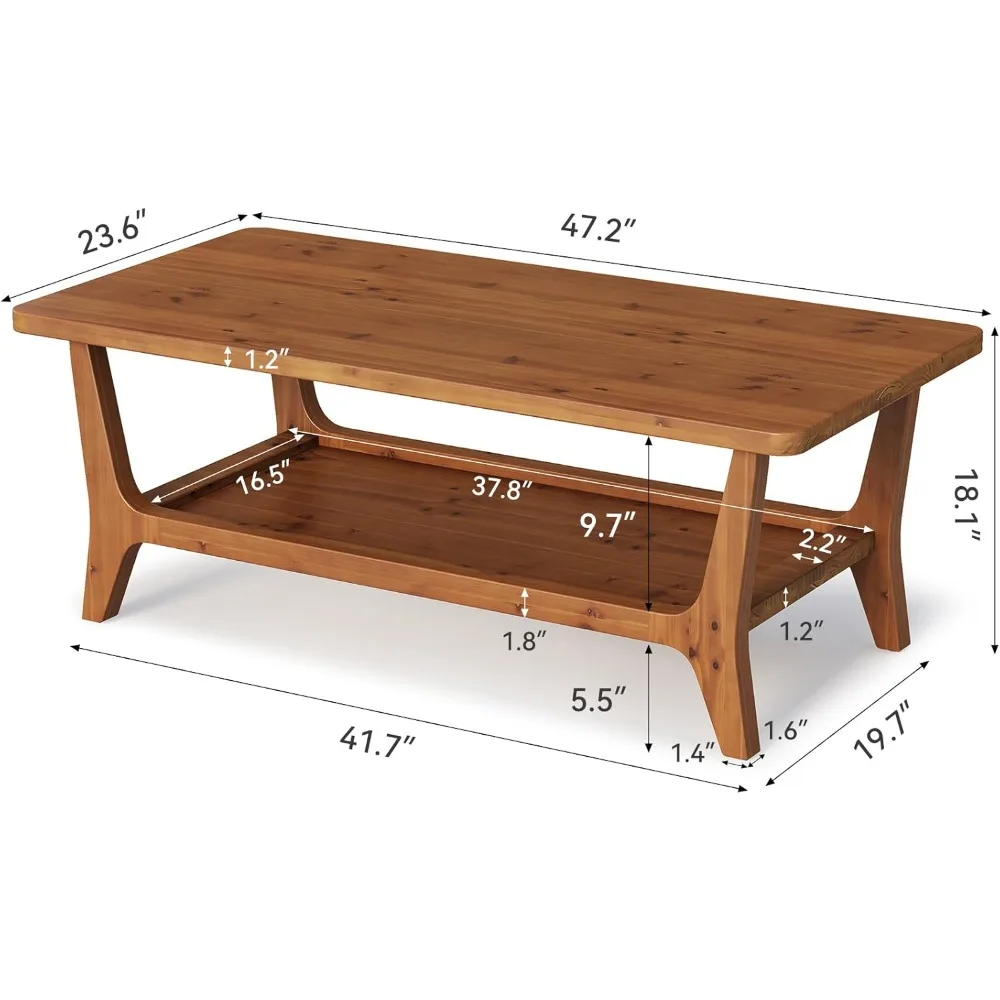 طاولة قهوة من الخشب الصلب، طاولة مركزية لغرفة المعيشة مقاس 47 بوصة مع رف، طبقتين، زوايا ناعمة، صديقة للأطفال، سهلة التجميع، Bro