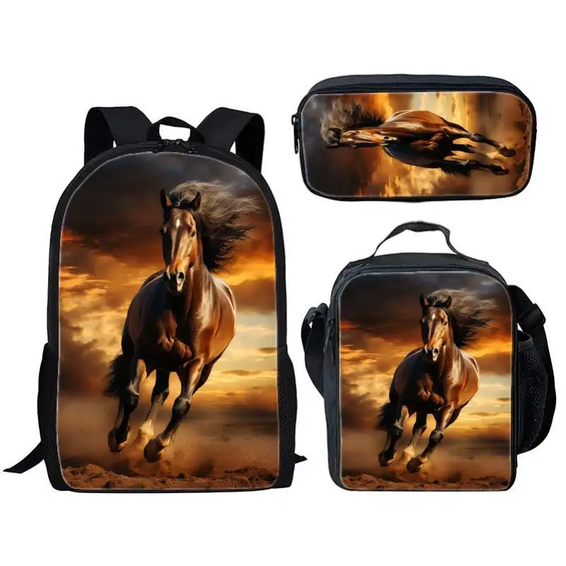 Tier, Pferd, dreiteiliges Set für Kinder und Jugendliche, Rucksack mit großem Fassungsvermögen, Essenspackung, Stifttasche