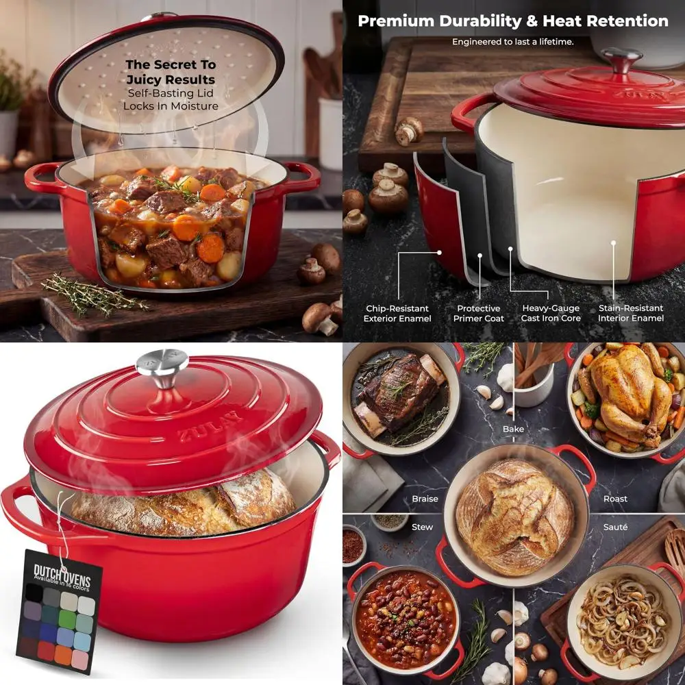 

Enameled Cast Iron 5-Quart Dutch Oven with Lid - Durable, Oven-Safe up to 500°F, Ideal for Baking, Stews, Braising, and Roasting