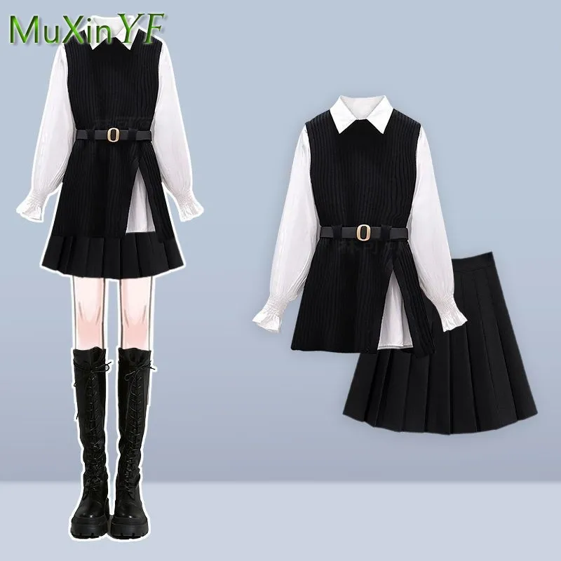 2025 Women Autumn/Winter New Fashion In Dress Matching Set Korean Elegant Knit Vest+White Shirt+pleated Short Skirt 3-Piece Suit