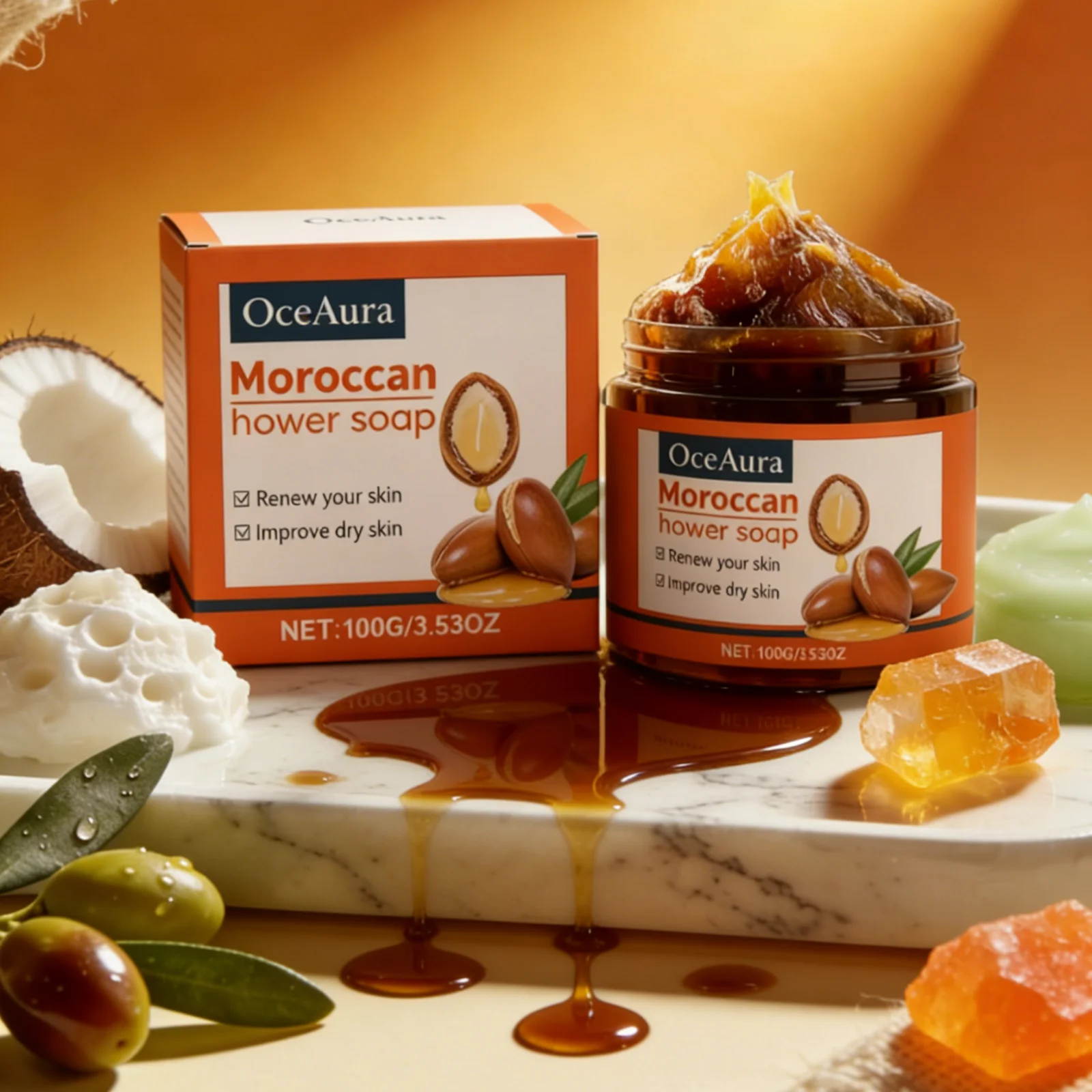 OceAura Moroccan Black Soap Argan Oil Lasting Professional Skin Cleaning Exfoliating Body Care Vitamin C Liquid Bath Soap Paste