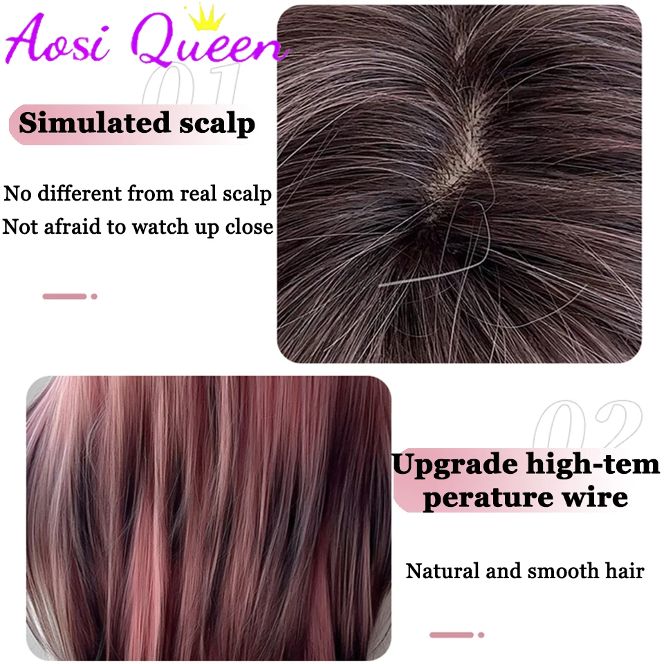 AOSI-Perucas sintéticas retas longas com franja para mulheres, resistente ao calor, cabelo falso, ombre, preto, rosa, cosplay, perucas em camadas