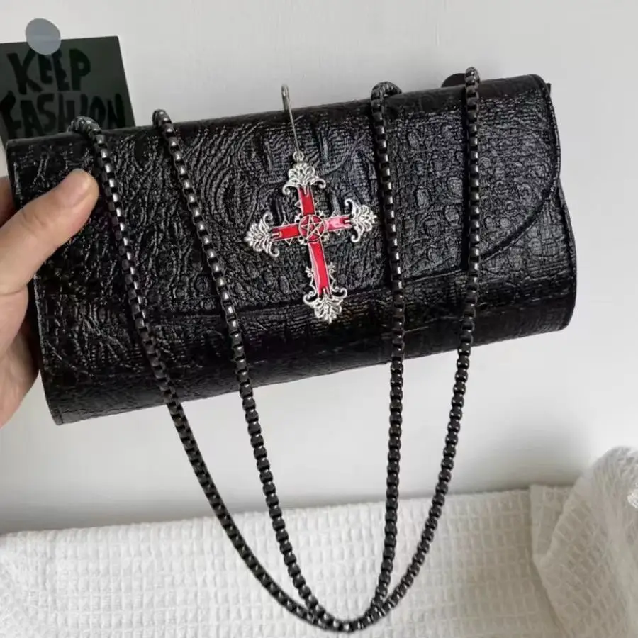 

Gothic Cross Shoulder Bag, Crocodile Texture PU Leather, Y2K Alternative Fashion Purse токийские мстители