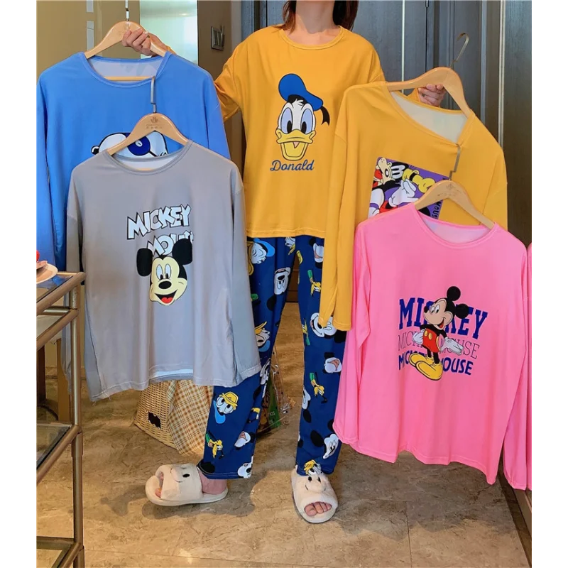 Disney Daisy spring and autumn new women's pajamas crew neck cartoon Mickey casual loose Donald Duck loungewear set