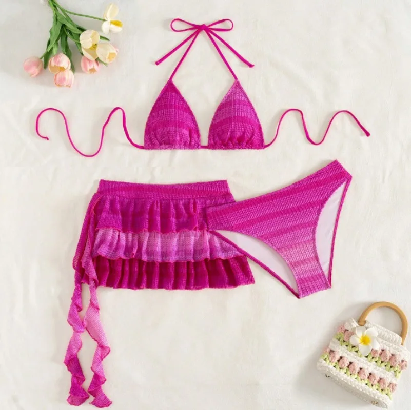 sexy rose red gradient halter tie bikinis sets 3pcs with ruffles mini skirts swimwear swimsuits beach outfits biquini tankini