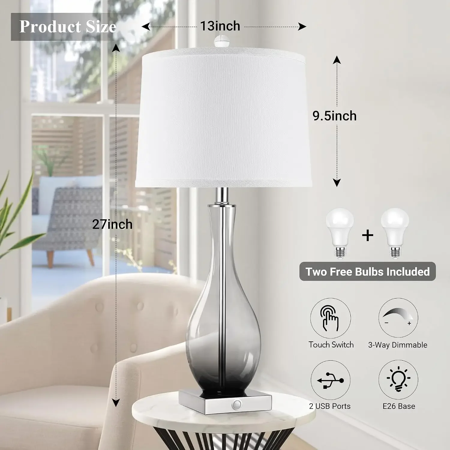 27" Glass Table Lamps with USB-C & USB-A, Touch 3-Way Dimmable, Set of 2, Gray Gradient, E26 Base, Bulbs Included view 5