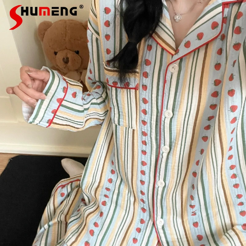 

Japanese Style Pajamas Set for Women Spring Autumn Pure Cotton Silk Sweet Sleep Suits Female Cute Wearable Homewear Suit