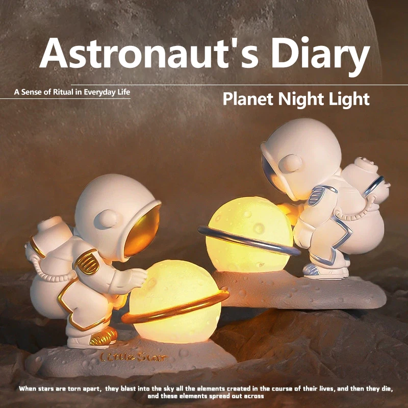 Astronaut Ornament Yellow Moon Ambient Light Office Wine Cooler Decorations Modern Astronaut Desktop Ornaments Modeling