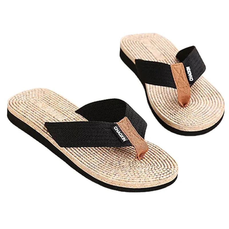 Summer Men Slippers Black Non-slip Male Sandals Fabric Shoeslace Outdoor Beach Men Flip-flop Flexible Shoes Home Slippers