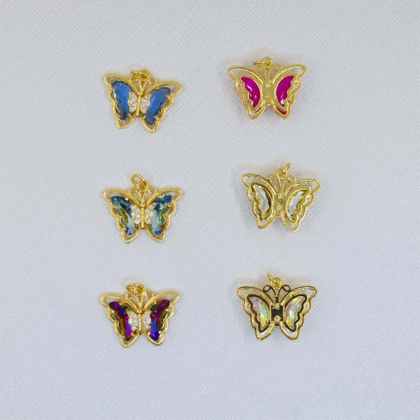 9 Pcs Colorful Rhinestone Butterfly Zircon Pendant Diy Necklace Earring Bracelet Jewelry Making Copper Gold Plated Hollow Charm