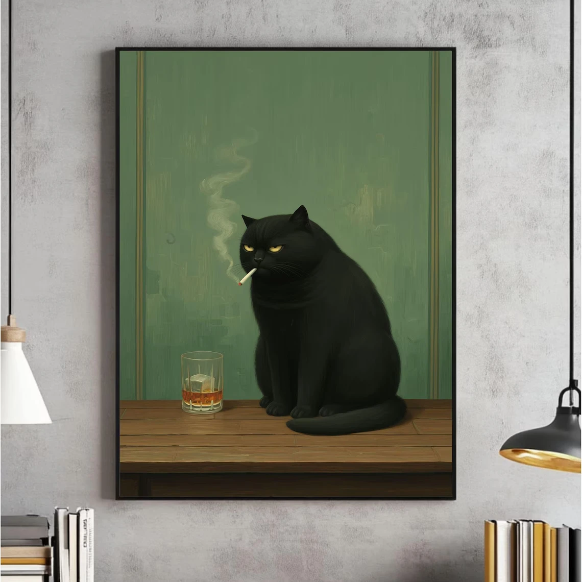 Moody Black Cat Wall Art Smoking Cat with Whiskey Dark Humor Canvas Poster Dark Mood Cat Printable Picture Room Home Decor Gi