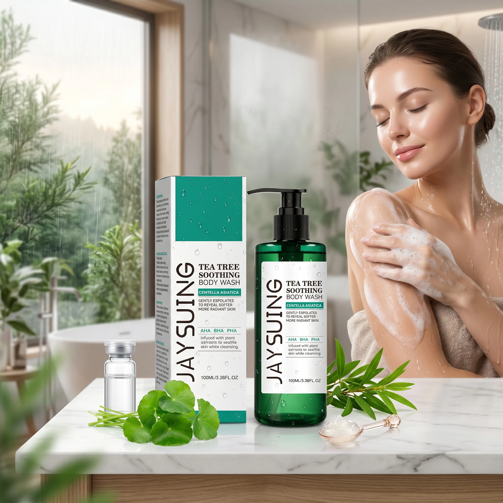 Jaysuing Tea Tree Body Wash Deep Cleaning Soothing Skin Exfoliator Oil Control Refreshing AHA BHA PHA Centella Shower Gel 100ml